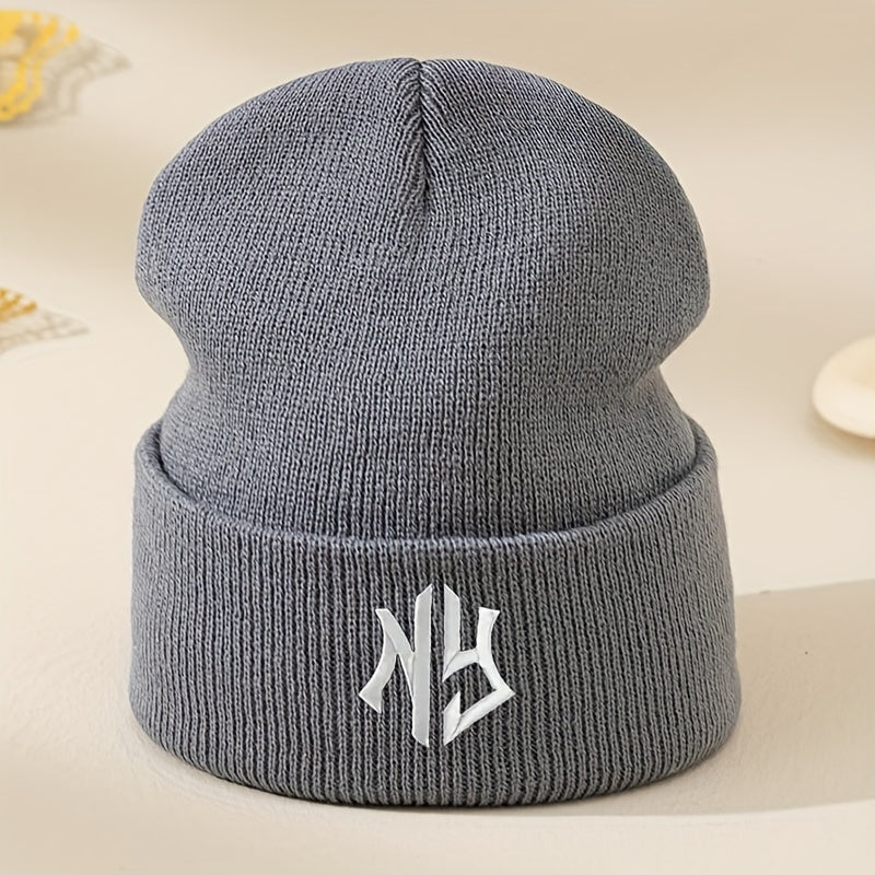 NY Embroidered Beanie - Stretchy, Lightweight Knit Hat for Fall & Winter | Machine Washable & Dry Cleanable | Acrylic Material | Elastic Fit | Woven Craftsmanship | Grey Color