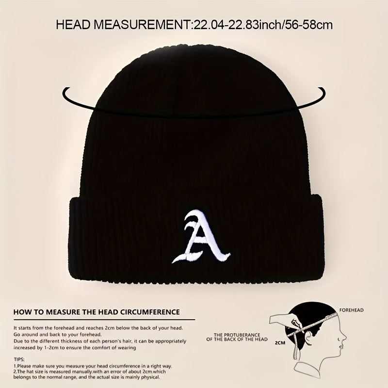 Cozy & Stylish Embroidered Letter A Winter Beanie - Soft, Stretchy Knit Skull Cap for Men & Women | Breathable, Warm Acrylic Wool-Blend | Perfect for Outdoor Activities | Hand Washable