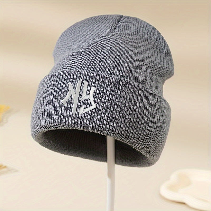 NY Embroidered Beanie - Stretchy, Lightweight Knit Hat for Fall & Winter | Machine Washable & Dry Cleanable | Acrylic Material | Elastic Fit | Woven Craftsmanship | Grey Color