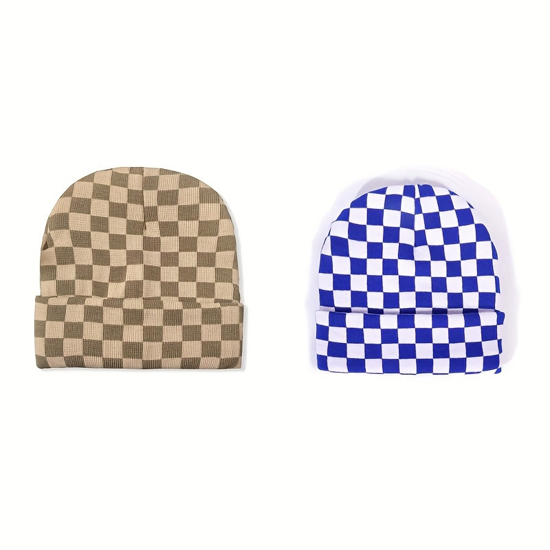 2 Minimalist Beanies with Chic Style Checkered Jacquard Rolled-Cuff Beanie Warm and Cozy for Cold Weather Casual and Versatile Stretchy Hip-Hop Streetwear Beanie for Outdoor Wear Women's Flat-Brim Beanie Men's Flat-Brim Beani
