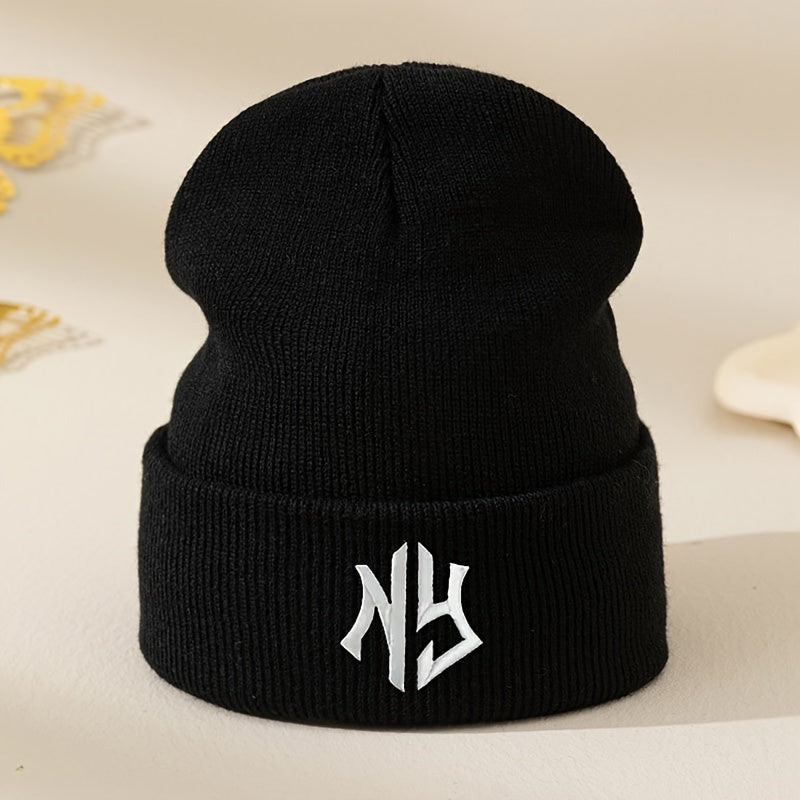 NY Embroidered Beanie - Stretchy, Lightweight Knit Hat for Fall & Winter | Machine Washable & Dry Cleanable | Acrylic Material | Elastic Fit | Woven Craftsmanship | Grey Color