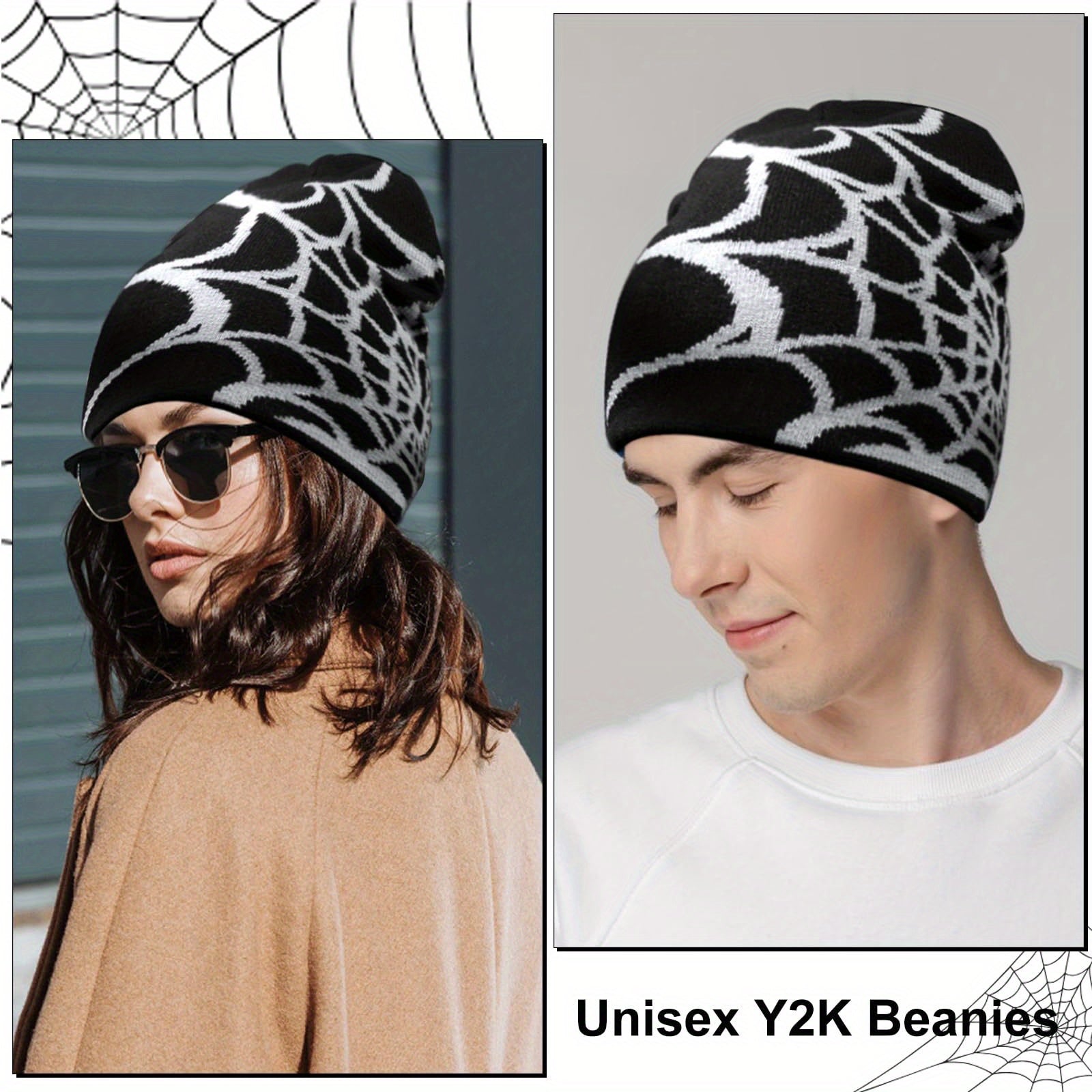2pcs Spider Web Hip Hop Beanie Set - Y2K Fashion Knit Caps, Warm & Lightweight, Perfect for Outdoor Activities