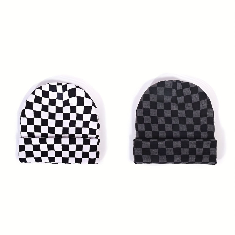 2 Minimalist Beanies with Chic Style Checkered Jacquard Rolled-Cuff Beanie Warm and Cozy for Cold Weather Casual and Versatile Stretchy Hip-Hop Streetwear Beanie for Outdoor Wear Women's Flat-Brim Beanie Men's Flat-Brim Beani