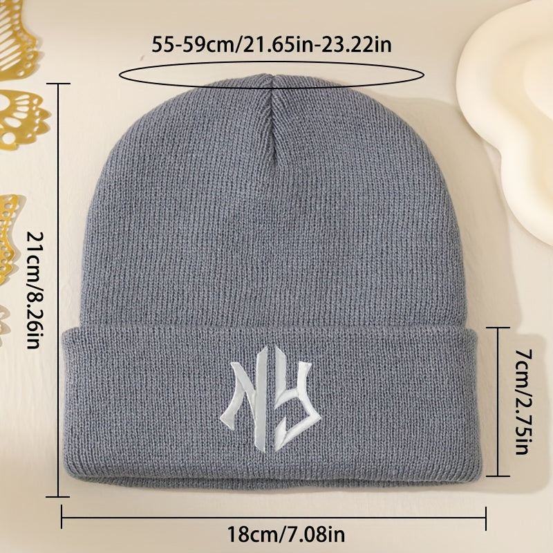 NY Embroidered Beanie - Stretchy, Lightweight Knit Hat for Fall & Winter | Machine Washable & Dry Cleanable | Acrylic Material | Elastic Fit | Woven Craftsmanship | Grey Color