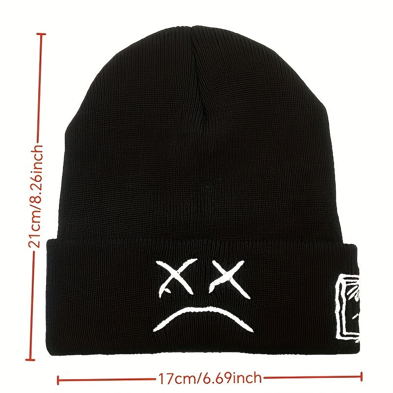 Sad Face Embroidery Graphic Beanie Trendy Black & White Knit Hats Casual Skull Cap Hip Hop Cuffed Beanies For Women Men