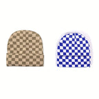 2 Minimalist Beanies with Chic Style Checkered Jacquard Rolled-Cuff Beanie Warm and Cozy for Cold Weather Casual and Versatile Stretchy Hip-Hop Streetwear Beanie for Outdoor Wear Women's Flat-Brim Beanie Men's Flat-Brim Beani