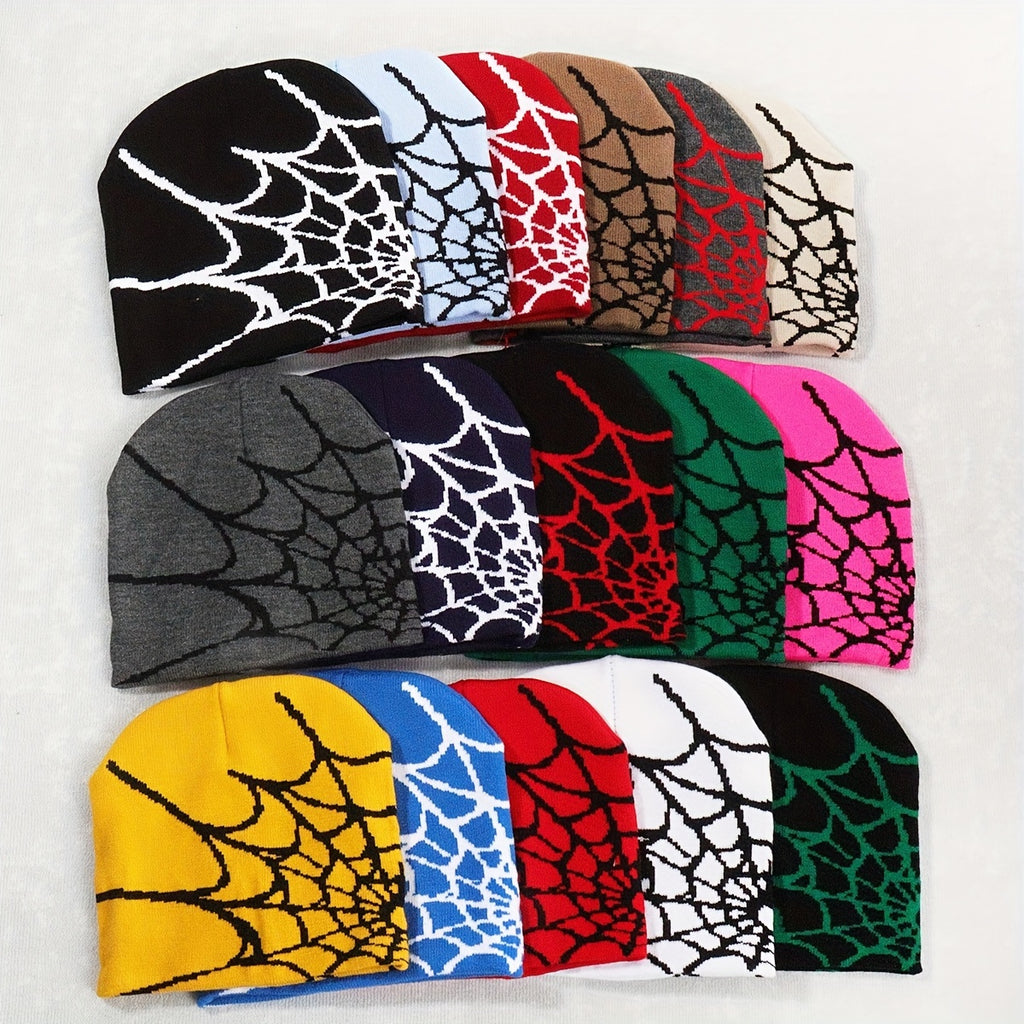 Vintage Elastic Knitted Y2K Personalized Halloween Spider Web Beanie Autumn Winter Warm Pullover Cap