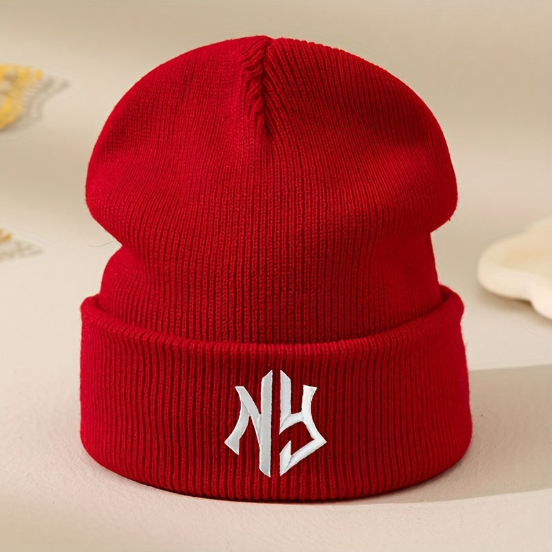 NY Embroidered Beanie - Stretchy, Lightweight Knit Hat for Fall & Winter | Machine Washable & Dry Cleanable | Acrylic Material | Elastic Fit | Woven Craftsmanship | Grey Color