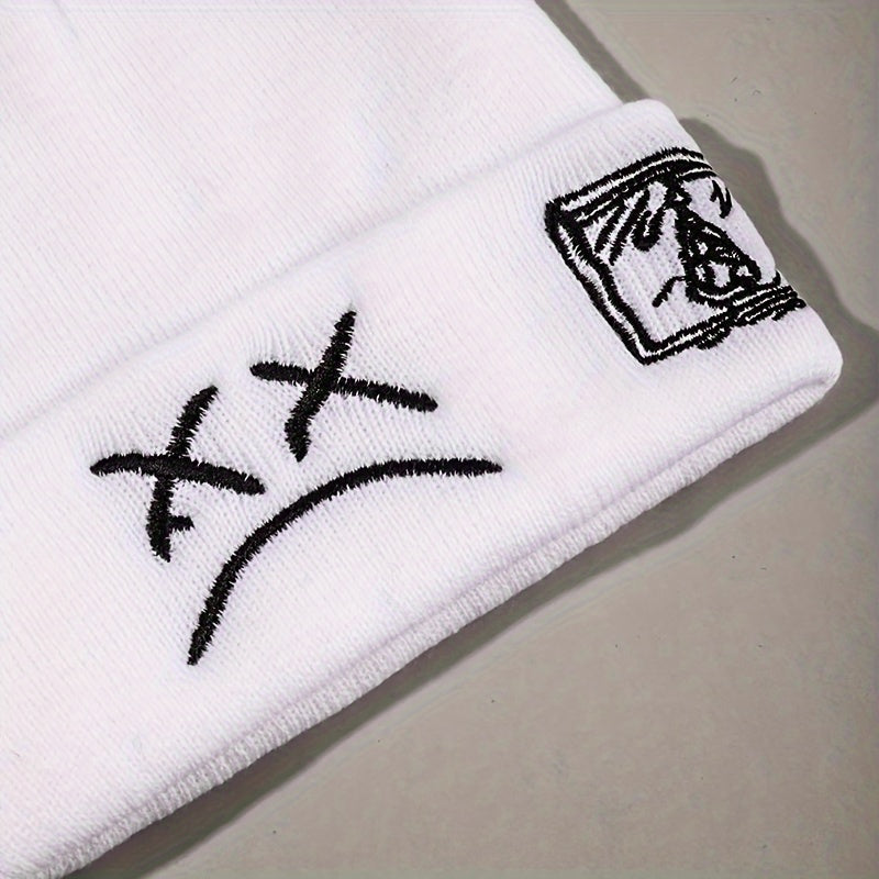 Sad Face Embroidery Graphic Beanie Trendy Black & White Knit Hats Casual Skull Cap Hip Hop Cuffed Beanies For Women Men