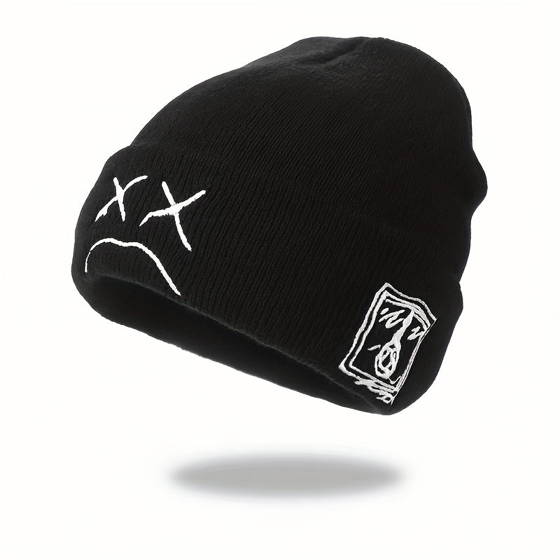 Sad Face Embroidery Graphic Beanie Trendy Black & White Knit Hats Casual Skull Cap Hip Hop Cuffed Beanies For Women Men