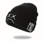 Sad Face Embroidery Graphic Beanie Trendy Black & White Knit Hats Casual Skull Cap Hip Hop Cuffed Beanies For Women Men