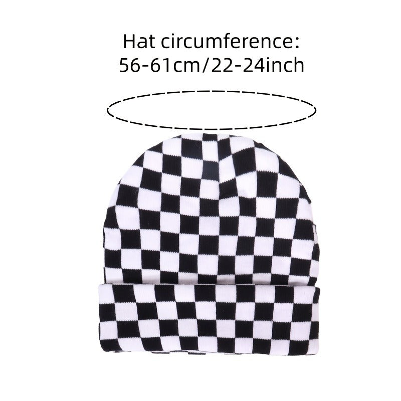 2 Minimalist Beanies with Chic Style Checkered Jacquard Rolled-Cuff Beanie Warm and Cozy for Cold Weather Casual and Versatile Stretchy Hip-Hop Streetwear Beanie for Outdoor Wear Women's Flat-Brim Beanie Men's Flat-Brim Beani