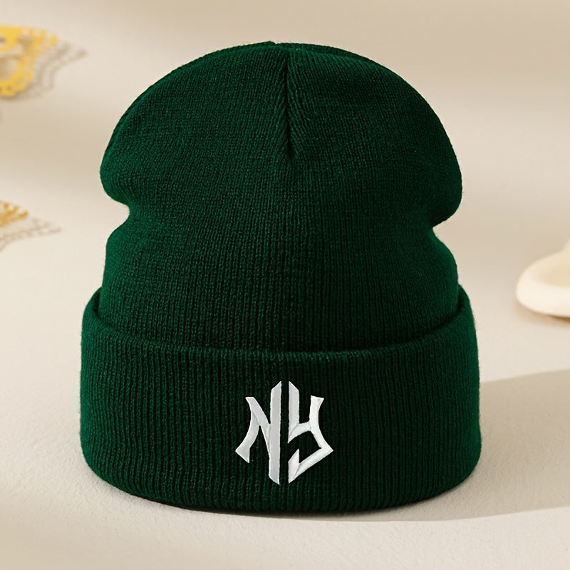NY Embroidered Beanie - Stretchy, Lightweight Knit Hat for Fall & Winter | Machine Washable & Dry Cleanable | Acrylic Material | Elastic Fit | Woven Craftsmanship | Grey Color