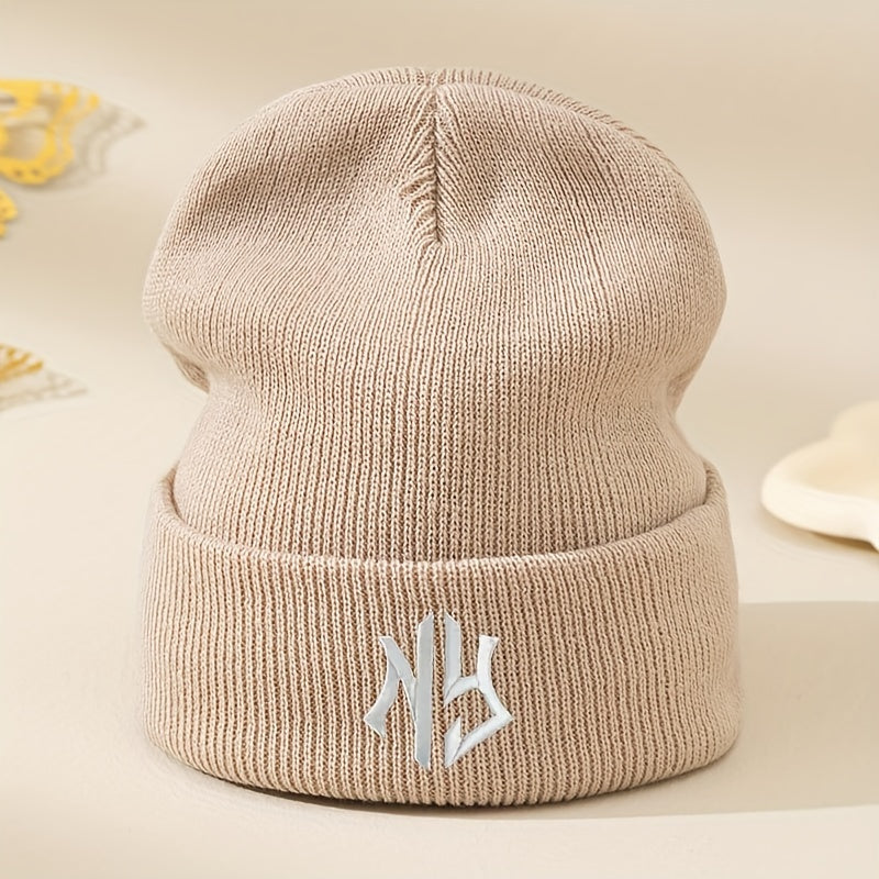 NY Embroidered Beanie - Stretchy, Lightweight Knit Hat for Fall & Winter | Machine Washable & Dry Cleanable | Acrylic Material | Elastic Fit | Woven Craftsmanship | Grey Color