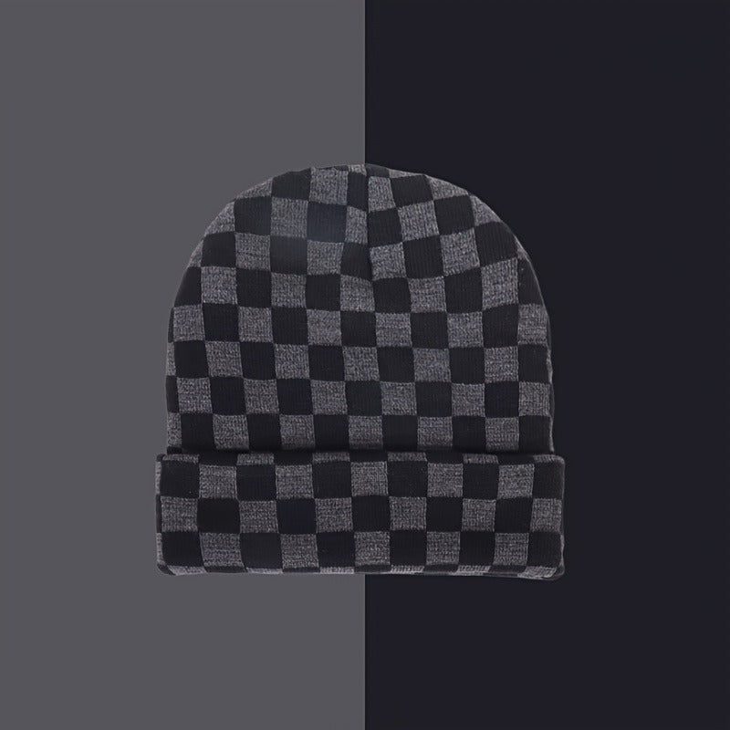2 Minimalist Beanies with Chic Style Checkered Jacquard Rolled-Cuff Beanie Warm and Cozy for Cold Weather Casual and Versatile Stretchy Hip-Hop Streetwear Beanie for Outdoor Wear Women's Flat-Brim Beanie Men's Flat-Brim Beani