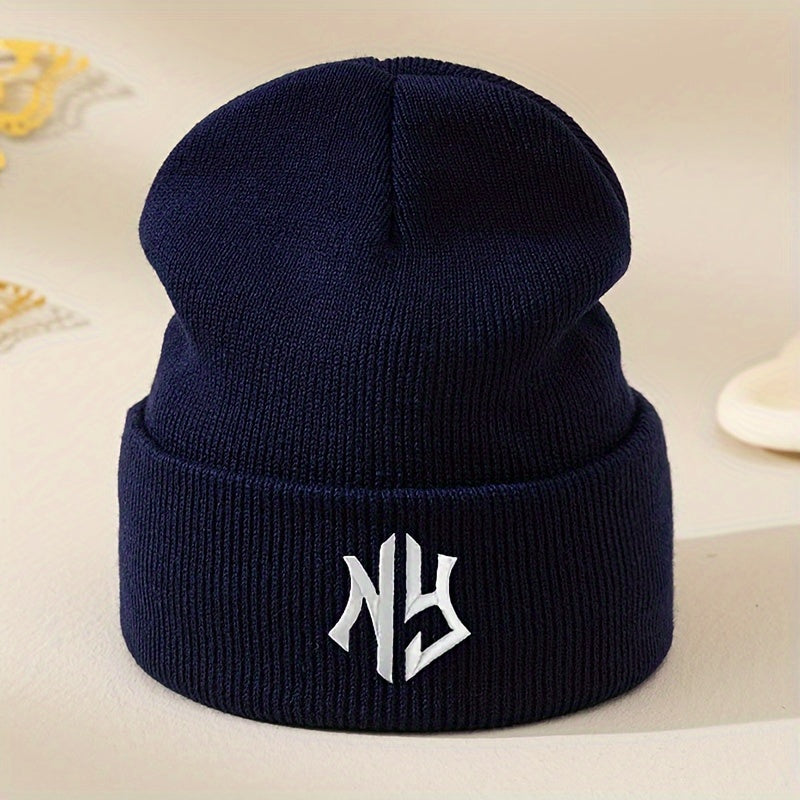 NY Embroidered Beanie - Stretchy, Lightweight Knit Hat for Fall & Winter | Machine Washable & Dry Cleanable | Acrylic Material | Elastic Fit | Woven Craftsmanship | Grey Color