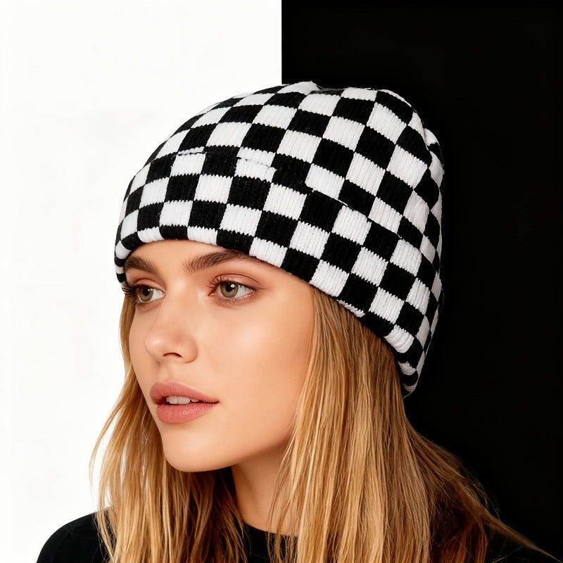 2 Minimalist Beanies with Chic Style Checkered Jacquard Rolled-Cuff Beanie Warm and Cozy for Cold Weather Casual and Versatile Stretchy Hip-Hop Streetwear Beanie for Outdoor Wear Women's Flat-Brim Beanie Men's Flat-Brim Beani