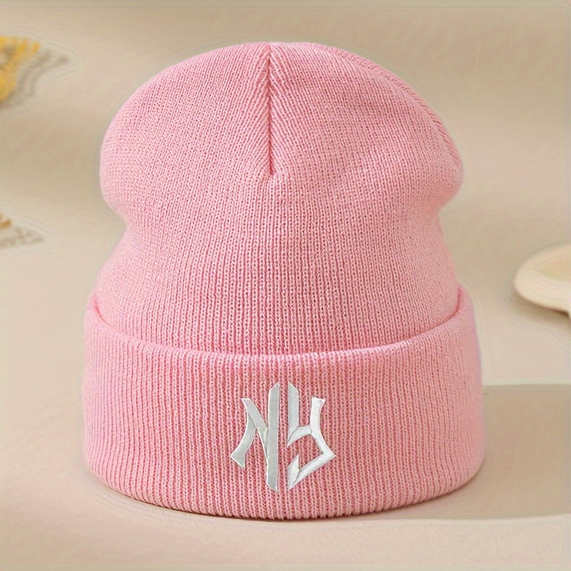 NY Embroidered Beanie - Stretchy, Lightweight Knit Hat for Fall & Winter | Machine Washable & Dry Cleanable | Acrylic Material | Elastic Fit | Woven Craftsmanship | Grey Color