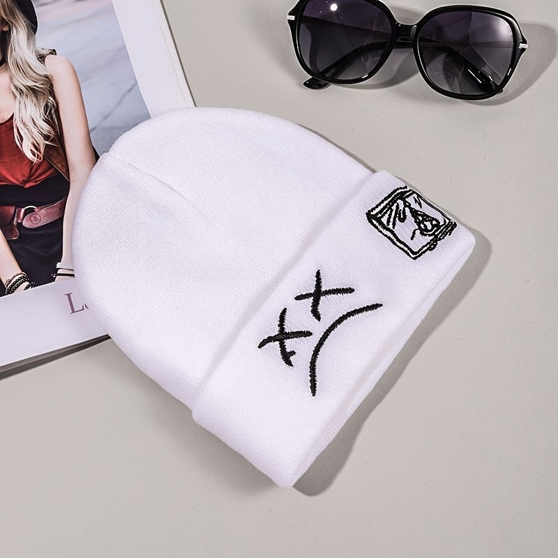 Sad Face Embroidery Graphic Beanie Trendy Black & White Knit Hats Casual Skull Cap Hip Hop Cuffed Beanies For Women Men