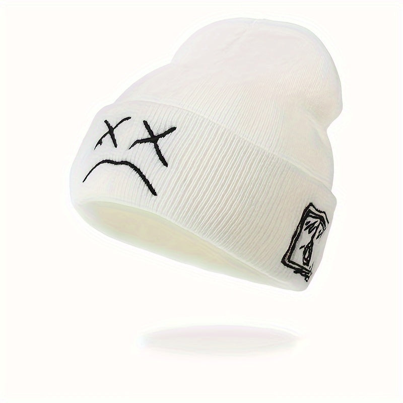 Sad Face Embroidery Graphic Beanie Trendy Black & White Knit Hats Casual Skull Cap Hip Hop Cuffed Beanies For Women Men