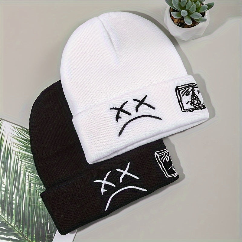 Sad Face Embroidery Graphic Beanie Trendy Black & White Knit Hats Casual Skull Cap Hip Hop Cuffed Beanies For Women Men