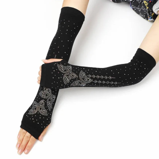 Female Cute Winter Warm Long Knit Fingerless Dance Sleeves Women Cool Cartoon Owl Rabbit Diamonds Rivet Sequins Cuff Gloves A40