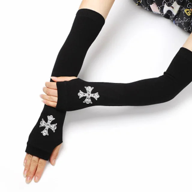 Female Cute Winter Warm Long Knit Fingerless Dance Sleeves Women Cool Cartoon Owl Rabbit Diamonds Rivet Sequins Cuff Gloves A40