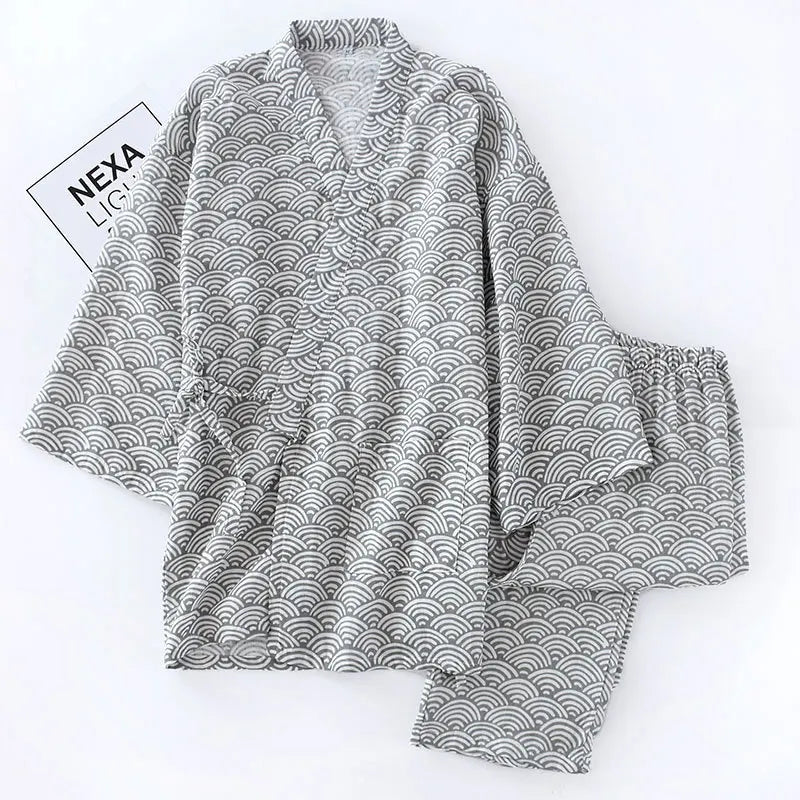 Japanese Style Pajamas for Men Women Kimono Wrap PJs Set Seigaiha Wave Print 100% Cotton Unisex Loungewear Sleepwear Suit
