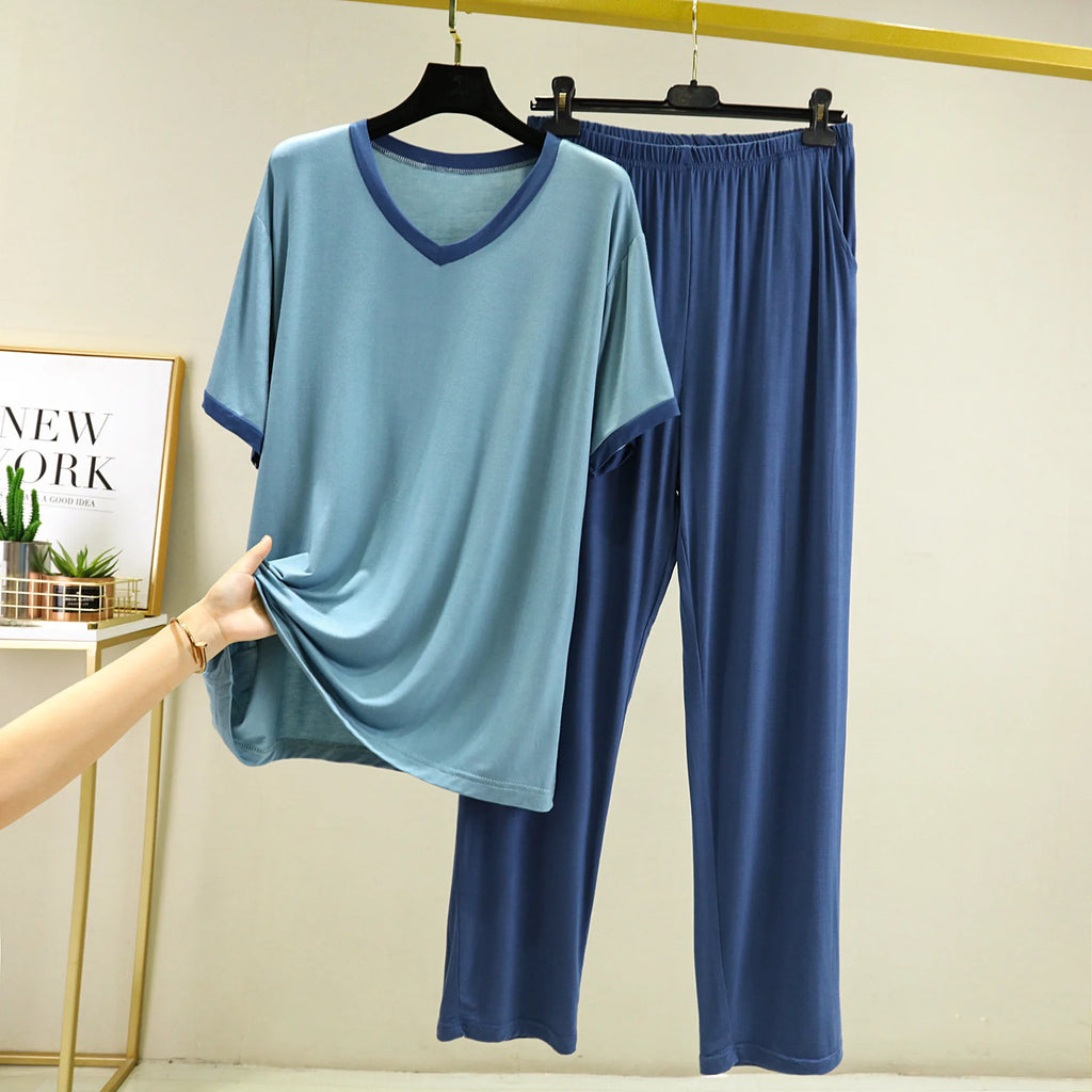 Pyjama Pour Femme New Short Sleeve Trousers 2 Piece Suit Modal Sleepwear Pajamas Set V Neck Plus Size Night Pijamas Women 6XL