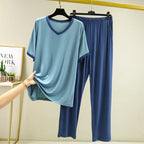 Pyjama Pour Femme New Short Sleeve Trousers 2 Piece Suit Modal Sleepwear Pajamas Set V Neck Plus Size Night Pijamas Women 6XL