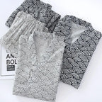 Japanese Style Pajamas for Men Women Kimono Wrap PJs Set Seigaiha Wave Print 100% Cotton Unisex Loungewear Sleepwear Suit