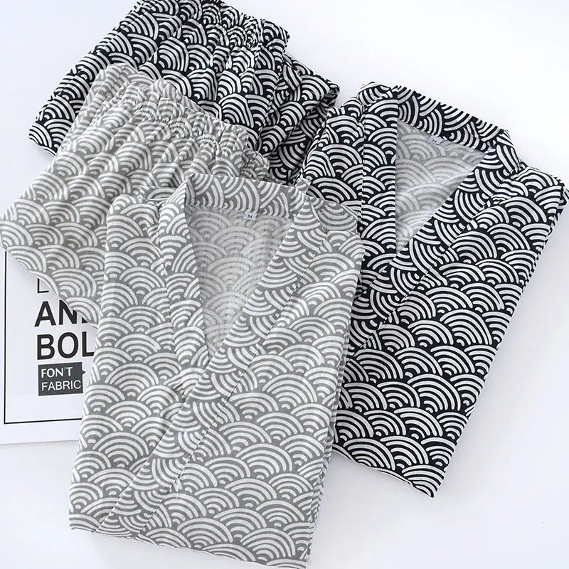 Japanese Style Pajamas for Men Women Kimono Wrap PJs Set Seigaiha Wave Print 100% Cotton Unisex Loungewear Sleepwear Suit