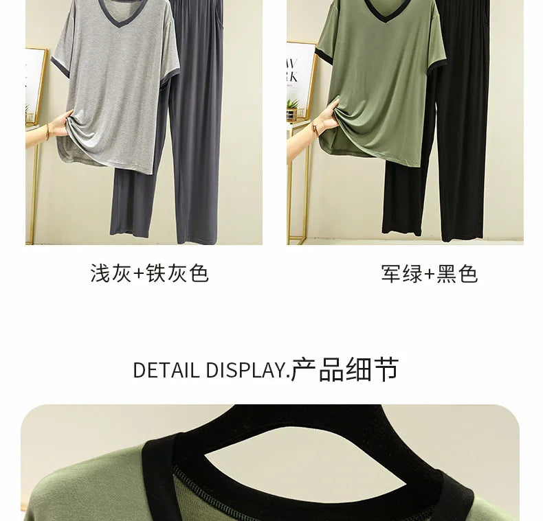 Pyjama Pour Femme New Short Sleeve Trousers 2 Piece Suit Modal Sleepwear Pajamas Set V Neck Plus Size Night Pijamas Women 6XL