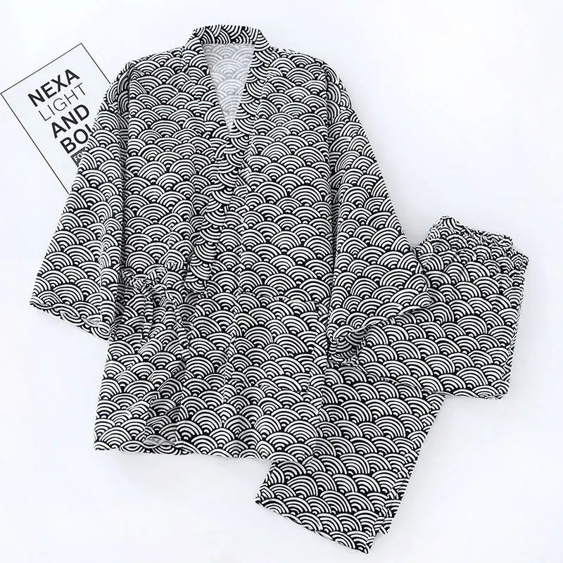 Japanese Style Pajamas for Men Women Kimono Wrap PJs Set Seigaiha Wave Print 100% Cotton Unisex Loungewear Sleepwear Suit