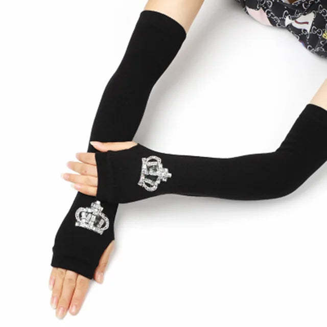 Female Cute Winter Warm Long Knit Fingerless Dance Sleeves Women Cool Cartoon Owl Rabbit Diamonds Rivet Sequins Cuff Gloves A40