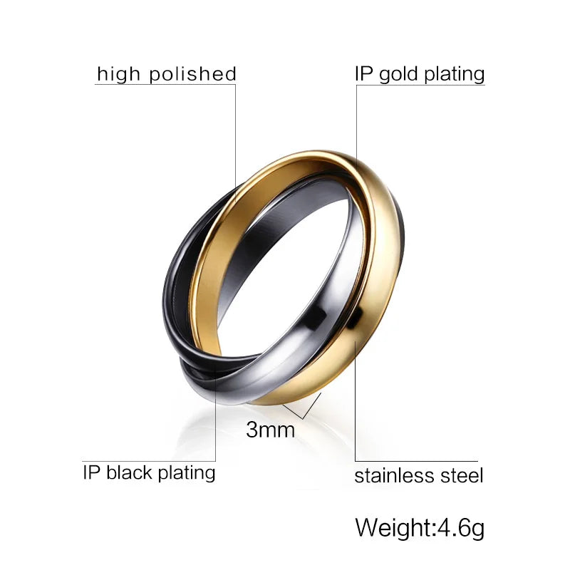 Stainless Steel Interlocked Triple Ring for Women Multi Color Wedding Band Bague Three in One
