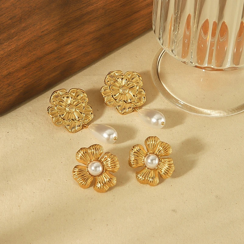 Ins Style Pearl Flower Earrings for Women Titanium Steel Non-fading Korean High Touch Stainless Steel Stud Earrings