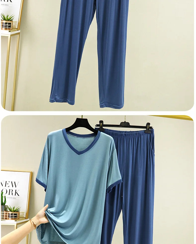 Pyjama Pour Femme New Short Sleeve Trousers 2 Piece Suit Modal Sleepwear Pajamas Set V Neck Plus Size Night Pijamas Women 6XL