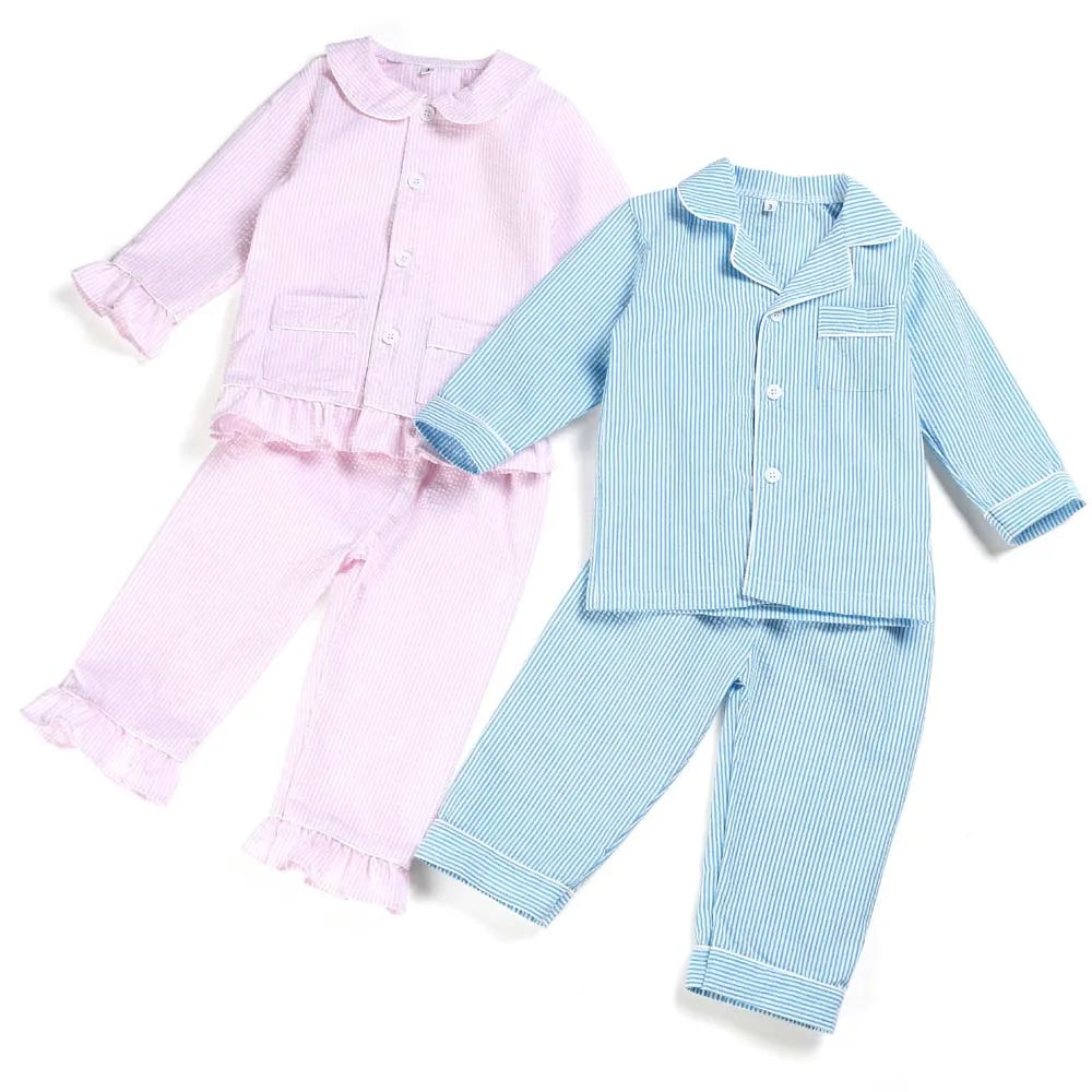 Wholesale 1-12 Years Kids Pyjamas 100% Cotton Plaid Seersucker Soft Sibling Outfits Pjs Loungewear Baby Boys Girls Pajamas Sets