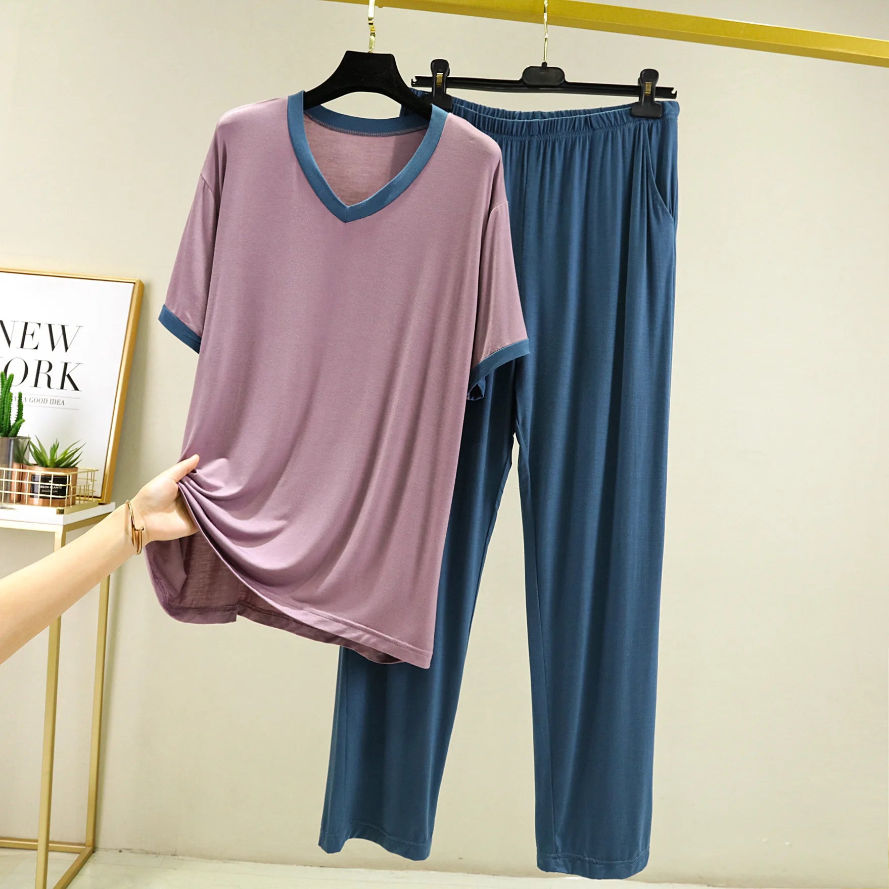 Pyjama Pour Femme New Short Sleeve Trousers 2 Piece Suit Modal Sleepwear Pajamas Set V Neck Plus Size Night Pijamas Women 6XL