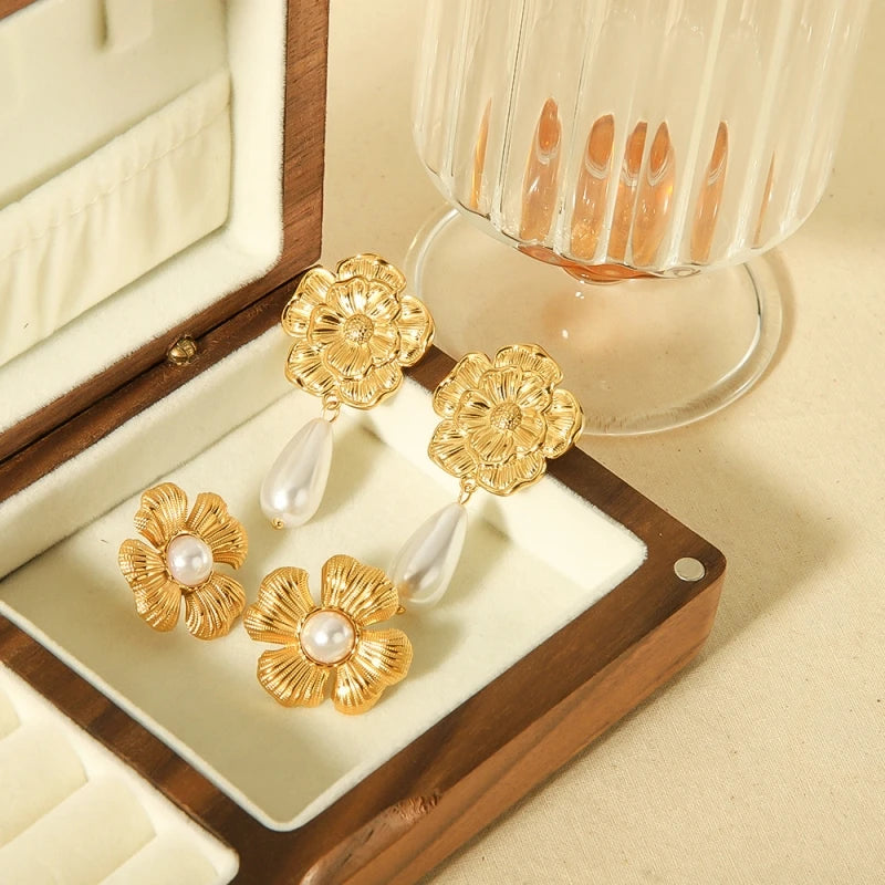 Ins Style Pearl Flower Earrings for Women Titanium Steel Non-fading Korean High Touch Stainless Steel Stud Earrings