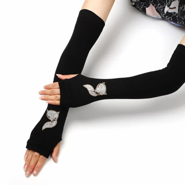 Female Cute Winter Warm Long Knit Fingerless Dance Sleeves Women Cool Cartoon Owl Rabbit Diamonds Rivet Sequins Cuff Gloves A40