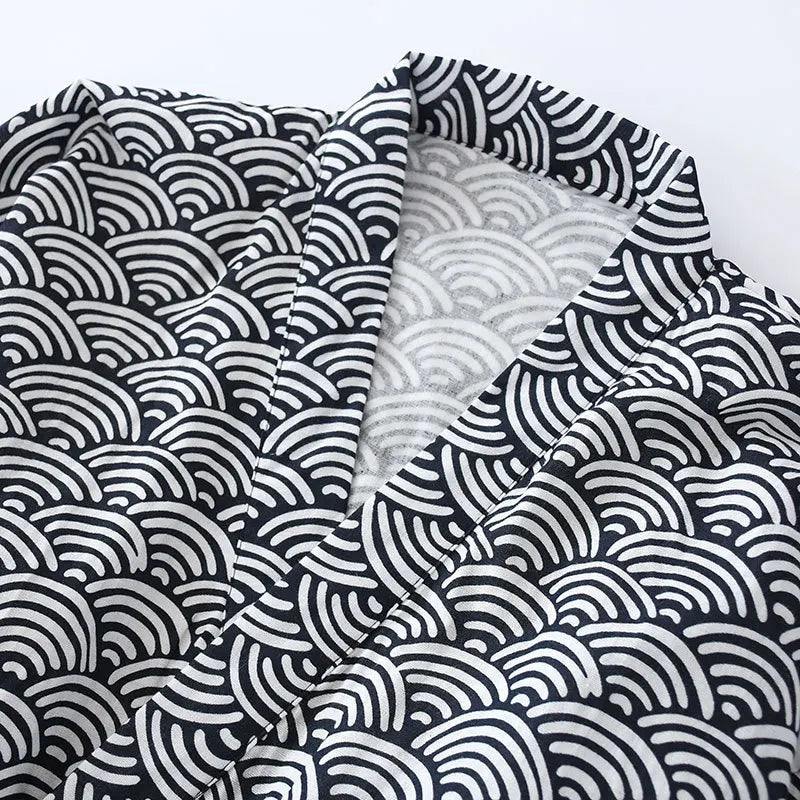 Japanese Style Pajamas for Men Women Kimono Wrap PJs Set Seigaiha Wave Print 100% Cotton Unisex Loungewear Sleepwear Suit