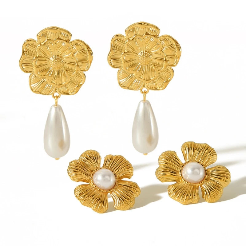 Ins Style Pearl Flower Earrings for Women Titanium Steel Non-fading Korean High Touch Stainless Steel Stud Earrings
