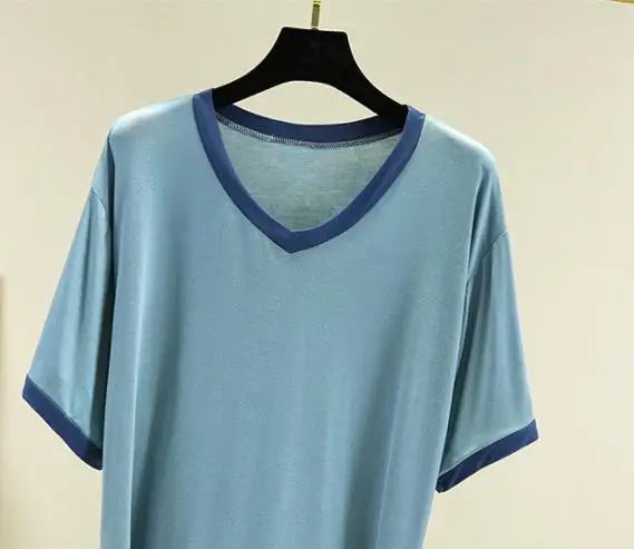 Pyjama Pour Femme New Short Sleeve Trousers 2 Piece Suit Modal Sleepwear Pajamas Set V Neck Plus Size Night Pijamas Women 6XL