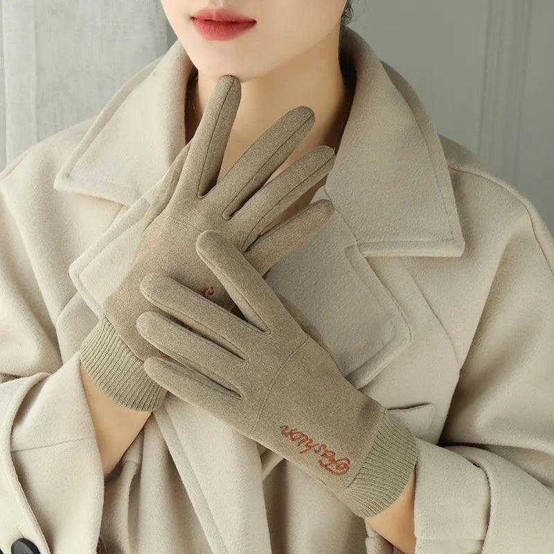 Women Winter Keep Warm Touch Screen Thin Fleece Fashion Letter Embroidery Outdoor Drive Cycling Windproof Not Bloated Gloves