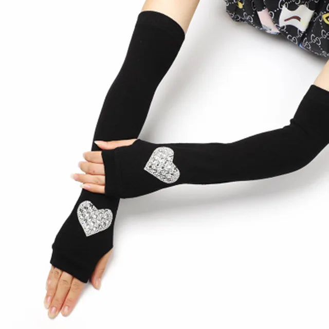Female Cute Winter Warm Long Knit Fingerless Dance Sleeves Women Cool Cartoon Owl Rabbit Diamonds Rivet Sequins Cuff Gloves A40