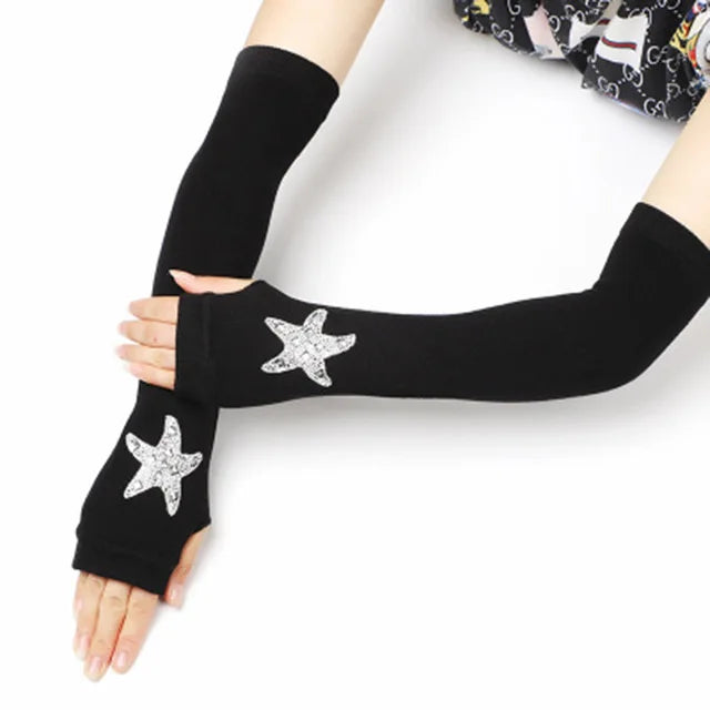Female Cute Winter Warm Long Knit Fingerless Dance Sleeves Women Cool Cartoon Owl Rabbit Diamonds Rivet Sequins Cuff Gloves A40