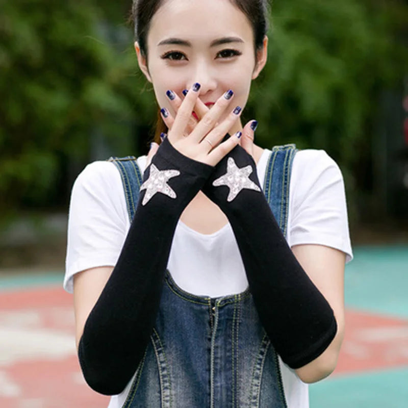 Female Cute Winter Warm Long Knit Fingerless Dance Sleeves Women Cool Cartoon Owl Rabbit Diamonds Rivet Sequins Cuff Gloves A40