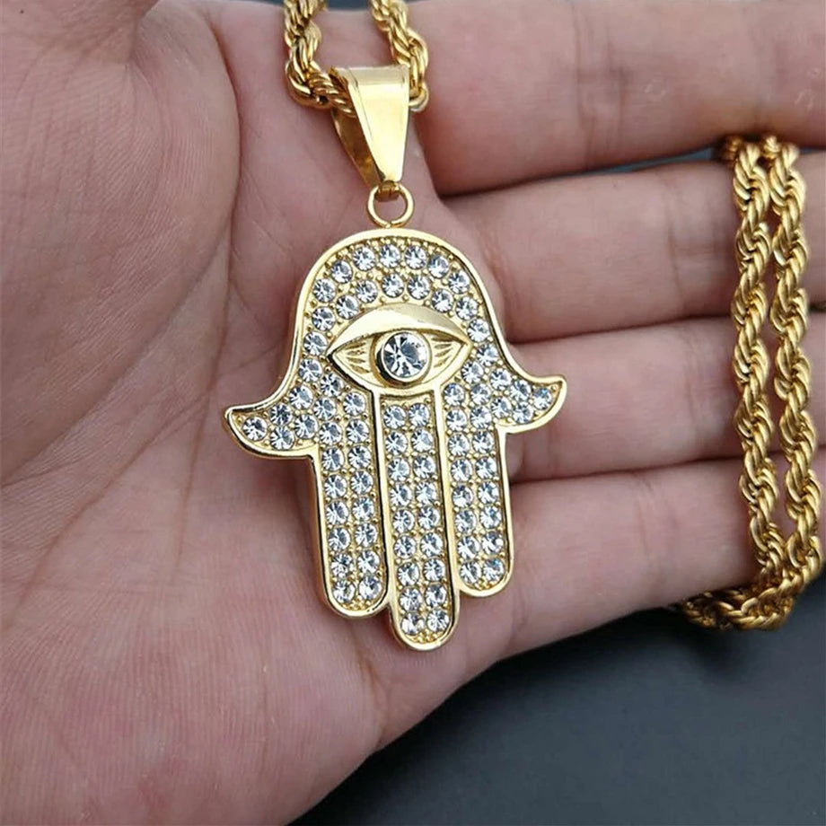 Hamsa Hand of Fatima Necklace Pendant & Chain For Men Women's Gold Color Stainless Steel Palm Necklaces Turkish Jewelry Gift